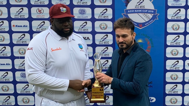 Rakheem Cornwall with the match trophy.(Windies Cricket)