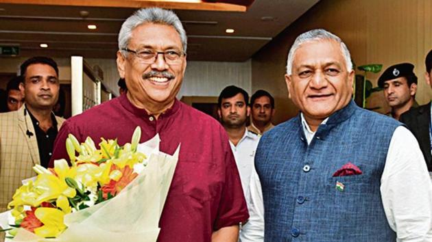 Newly elected President of Sri Lanka Gotabaya Rajapaksa being received by Union Minister of State for External Affairs VK Singh during his visit, in New Delhi . (ANI Photo) Newly elected President of Sri Lanka Gotabaya Rajapaksa being received by Union Minister of State for External Affairs VK Singh during his visit, in New Delhi . (ANI Photo)