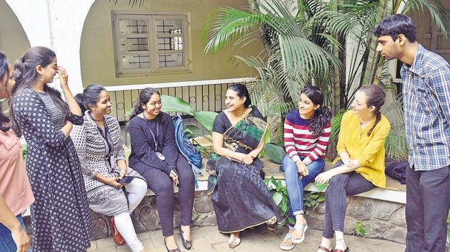 Students of St MIra’s college with professor Jaya Rajagopalan, head of the department of psychology that offers a course on mindfulness-based counselling.(Shankar Narayan/HT PHOTO)