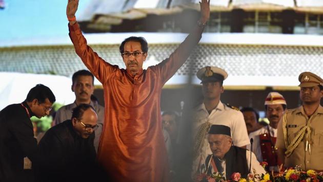 Shiv Sena chief Uddhav Thackeray during swearing-in ceremony at Shivaji park in Mumbai on Thursday(Anshuman Poyrekar/HT Photo) Shiv Sena chief Uddhav Thackeray during swearing-in ceremony at Shivaji park in Mumbai on Thursday(Anshuman Poyrekar/HT Photo)