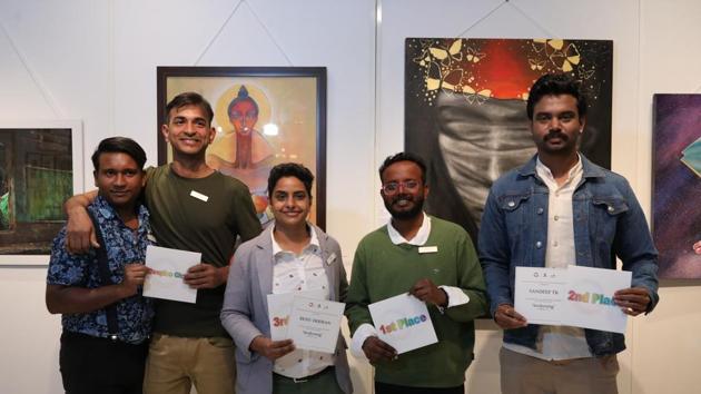 An independent panel of art experts chose winners, who received cash prizes to help them further their art careers. From left: Nishant Khoiya of New Delhi (honourable mention) Aamir Rabbani of New Delhi (people’s choice), Renu Dhiman of Haryana (third place), Anup Let of West Bengal (first place), and Sandeep TK of Karnataka (second place). 