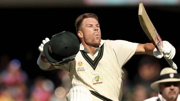 Australia's David Warner celebrates his 300 during their cricket test match.(AP)
