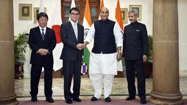 (L-R) Japanese Foreign Affairs Minister Toshimitsu Motegi, Defence Minister Taro Kono, Indian Defence Minister Rajnath Singh and External Affairs Minister S. Jaishankar pose for a photograph prior to a meeting of the India-Japan Foreign and Defence Ministerial Dialogue (2+2), at Hyderabad House, in New Delhi.(Ajay Aggarwal/HT PHOTO)