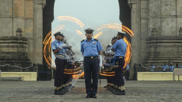 Indian Navy soldiers rehearse for Navy day celebrations near Gateway of India at Colaba, in Mumbai, Maharashtra. (Ragul Krishnan / HT Photo)