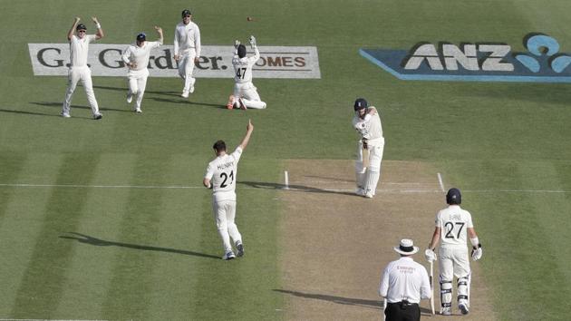New Zealand's Matt Henry (21) celebrates after taking thew wicket of England's Joe Denly.(AP) New Zealand's Matt Henry (21) celebrates after taking thew wicket of England's Joe Denly.(AP)