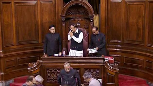 Rajya Sabha Chairman M Venkaiah Naidu conducts proceedings as marshals stand beside him, during Winter Session of Parliament, in New Delhi.(Photo: PTI) Rajya Sabha Chairman M Venkaiah Naidu conducts proceedings as marshals stand beside him, during Winter Session of Parliament, in New Delhi.(Photo: PTI)