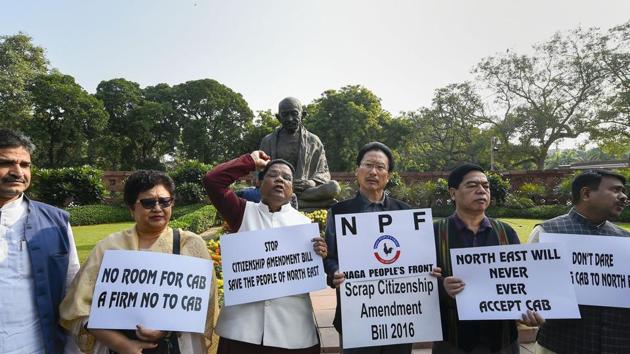 Congress MPs from northeast and Naga People's Front MPs protest against the Citizenship Amendment Bill at Parliament during the ongoing Winter Session, in New Delhi.(PTI) Congress MPs from northeast and Naga People's Front MPs protest against the Citizenship Amendment Bill at Parliament during the ongoing Winter Session, in New Delhi.(PTI)