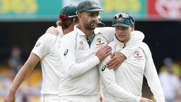 Australia's Nathan Lyon, left, and Steve Smith, right, celebrate. (AP) Australia's Nathan Lyon, left, and Steve Smith, right, celebrate. (AP)