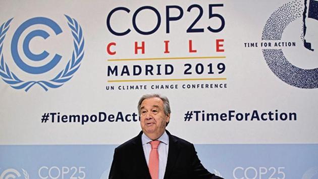 UN Secretary-General Antonio Guterres arrives for a news conference at the COP25 summit in Madrid, Spain(AP Photo) UN Secretary-General Antonio Guterres arrives for a news conference at the COP25 summit in Madrid, Spain(AP Photo)