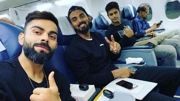 (L to R) Virat Kohli, KL Rahul and Shivam Dube.(Twitter)