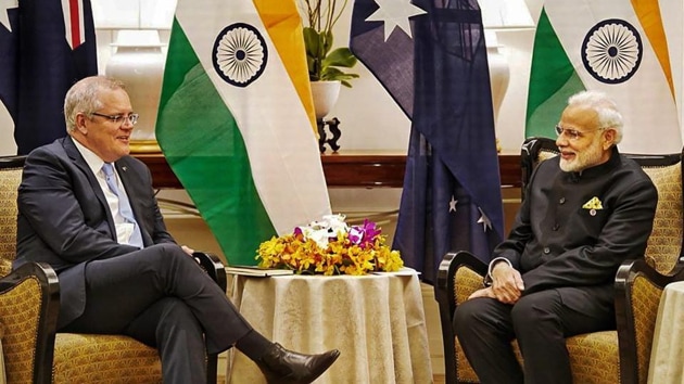 Prime Minister Narendra Modi and Australian Prime Minister Scott Morrison meet on the sidelines of East Asia Summit, in Singapore.(File photo: PTI)