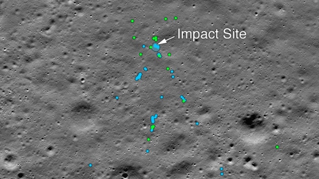 This image released by NASA shows the Vikram Lander impact point and associated debris field. Green dots indicate spacecraft debris (confirmed or likely). Blue dots locate disturbed soil, likely where small bits of the spacecraft churned up the regolith. “S” indicates debris identified by Shanmuga Subramanian , the Indian engineer.(Photo Credit: NASA/ Twitter)