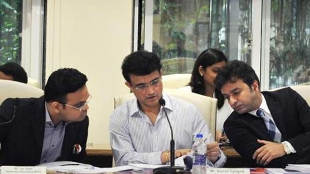 File image: Board of Control for Cricket in India (BCCI) president Sourav Ganguly with BCCI Secretary Jay Shah and Treasurer Arun Singh Dhumal.(PTI)