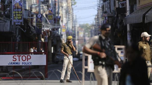 Indian policeman stand outside Raghunath temple in Jammu on November 9, 2019. (AP) Indian policeman stand outside Raghunath temple in Jammu on November 9, 2019. (AP)