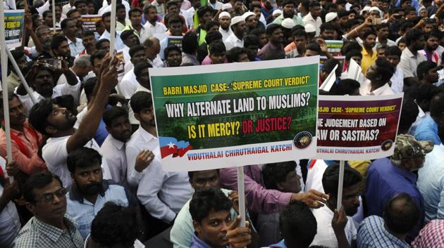 Members of Tamil Nadu Muslim Munnetra Kazhagam organization hold placards and shout slogans as they protest against the Supreme Court verdict of Ayodhya, in Chennai. (ANI Photo) Members of Tamil Nadu Muslim Munnetra Kazhagam organization hold placards and shout slogans as they protest against the Supreme Court verdict of Ayodhya, in Chennai. (ANI Photo)