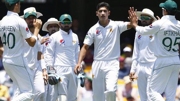 Pakistan's Naseem Shah, center, celebrates with his team. (AP) Pakistan's Naseem Shah, center, celebrates with his team. (AP)
