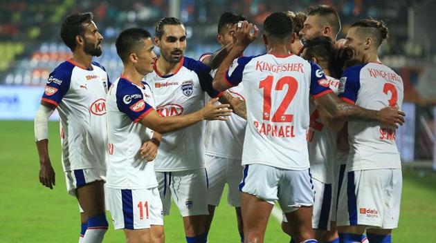 Bengaluru FC celebrate Juanan’s goal. (ISL) Bengaluru FC celebrate Juanan’s goal. (ISL)