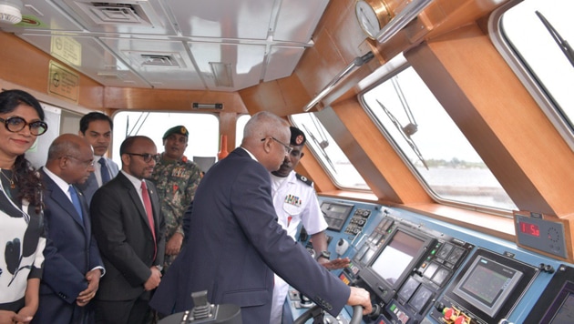 Maldives President Ibrahim Mohamed Solih seen inspecting CGS Kaamiyaabu—an in-shore patrol vessel gifted today by the Indian government.(Photo: Twitter/ presidencymv)