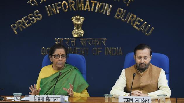 Union Finance Minister Nirmala Sitharaman addresses the media during a press conference after a cabinet meeting in the presence of Union Minister of Information and Broadcasting Prakash Javadekar, at PIB Conference Hall, Shastri Bhawan, in New Delhi on Wednesday. (Raj K Raj/HT PHOTO) Union Finance Minister Nirmala Sitharaman addresses the media during a press conference after a cabinet meeting in the presence of Union Minister of Information and Broadcasting Prakash Javadekar, at PIB Conference Hall, Shastri Bhawan, in New Delhi on Wednesday. (Raj K Raj/HT PHOTO)