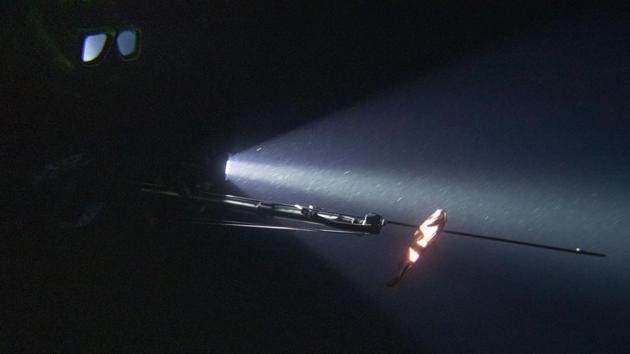 Nicholas Bingham catches a fish. The eerie silence beneath the surface was punctured only by a clanking sound as their spears made an impact. It’s impossible for them to see anything but what’s illuminated right in front of them, and the distant lights from land are the only way to gauge how far out they’ve swum. (David Goldman / AP)