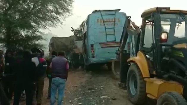 Nine passengers were killed and 10 others seriously injured when their bus rammed into a stationary truck in Madhya Pradesh’s Rewa district on Thursday morning, a police official said. (ANI Photo) Nine passengers were killed and 10 others seriously injured when their bus rammed into a stationary truck in Madhya Pradesh’s Rewa district on Thursday morning, a police official said. (ANI Photo)