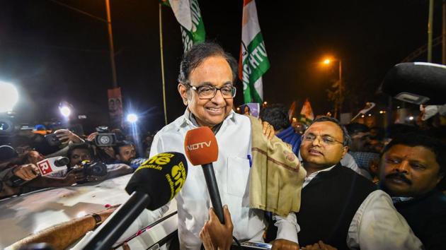 Senior Congress leader P Chidambaram, with his son Karti Chidambaram, talks to the media after being released from Tihar jail in New Delhi. (PTI) Senior Congress leader P Chidambaram, with his son Karti Chidambaram, talks to the media after being released from Tihar jail in New Delhi. (PTI)