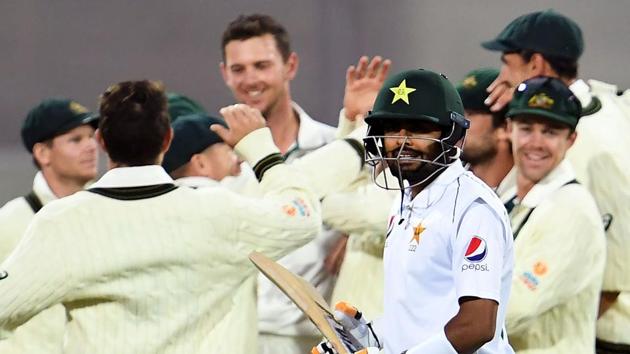 Pakistan batsman Babar Azam (C) reacts after been dismissed.(AFP)