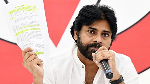 Actor-turned-politician and Jana Sena Party president Pawan Kalyan addressing a press conference, in Andhra Pradesh.(ANI)