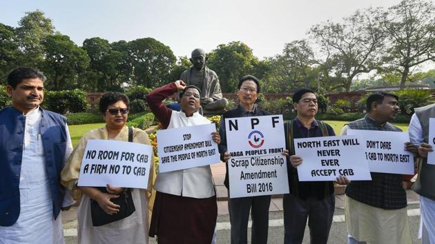 Congress MP from northeast and Naga People's Front MPs protest against the Citizenship Amendment Bill at Parliament during the ongoing Winter Session, in New Delhi.(PTI) Congress MP from northeast and Naga People's Front MPs protest against the Citizenship Amendment Bill at Parliament during the ongoing Winter Session, in New Delhi.(PTI)