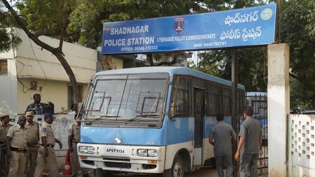 A police van carrying four men accused of the alleged rape and murder of a 27-year-old woman, leaves a police station in Shadnagar, on the outskirts of Hyderabad on November 30. (Photo: Reuters) A police van carrying four men accused of the alleged rape and murder of a 27-year-old woman, leaves a police station in Shadnagar, on the outskirts of Hyderabad on November 30. (Photo: Reuters)