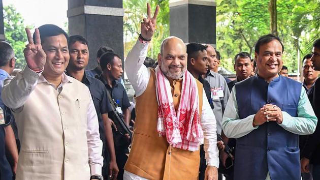 Guwahati: Union Home Minister and Chairman North Eastern Council (NEC) Amit Shah with Assam Chief Minister Sarbananda Sonowal and Finance Minister of Assam Himanta Biswa Sarma arrives to attend the 68th Plenary Session of the North Eastern Council (NEC) at Assam Administrative Staff College, in Guwahati. (PTI) Guwahati: Union Home Minister and Chairman North Eastern Council (NEC) Amit Shah with Assam Chief Minister Sarbananda Sonowal and Finance Minister of Assam Himanta Biswa Sarma arrives to attend the 68th Plenary Session of the North Eastern Council (NEC) at Assam Administrative Staff College, in Guwahati. (PTI)