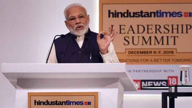 PM Narendra Modi delivers the inaugural address during the Hindustan Times Leadership Summit at Taj Palace in New Delhi, India, on Friday, December 06, 2019.(Raj K Raj/HT PHOTO)