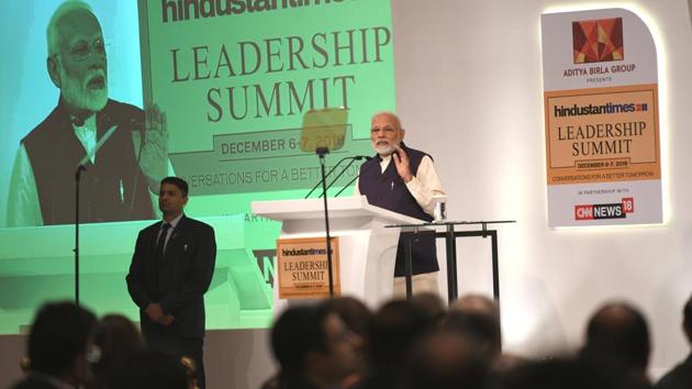 At HTLS 2019, Prime Minister Narendra Modi said, “112 districts have been identified as aspirational districts. We are doing real time monitoring in these districts. Hundreds of central officers are visiting these districts to bring about sustainable change… all for a better tomorrow .” (Raj K Raj/HT PHOTO)