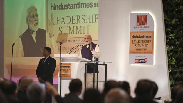Moving towards economy and infrastructure, the PM said, “For better tomorrow, we need world-class infrastructure. In the years to come, government will bring schemes worth Rs 100 lakh crore,” and that it is working towards connecting 15 crore houses to clean water. “Today, India, with full confidence, is working towards turning itself in a $5 trillion economy. It is directly linked with the income of middle class and a better tomorrow,” he said. (Raj K Raj / HT Photo)
