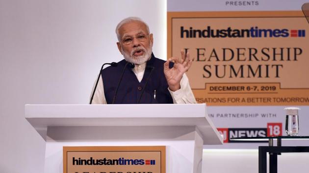 Narendra Modi, Prime Minister of India delivers the inaugural address during the Hindustan Times Leadership Summit at Taj Palace in New Delhi, India, on Friday, December 06, 2019. (Photo by Raj K Raj /Hindustan Times)(Raj K Raj/HT PHOTO)