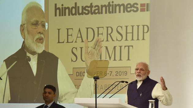 Highlighting his government’s mission of promoting the politics of performance, the Prime Minister said, “Unlike the previous governments, we are not practising politics of promises, instead we are taking the country towards politics of performance.” (Sanjeev Verma/HT PHOTO)