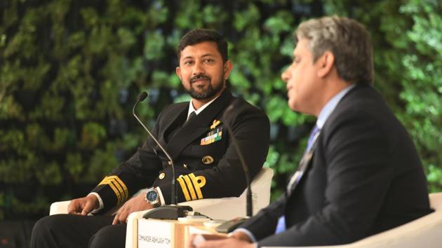Commander Abhilash Tomy in conversation with Rahul Singh, Associate Editor, Hindustan Times during the Hindustan Times Leadership Summit 2019. (Raj K Raj/HT PHOTO)
