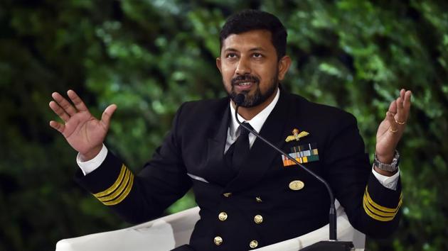 “When I heard the knock, I thought I am dreaming and angels have come to save me,” said Cdr Tomy about the time when he was rescued. The road to recovery, Tomy said was a long one. “I had a fractured spine. I had to learn to walk again,” he said while elaborating that, “Brushing my teeth was like one hour in gym. I am going to replace all bones with Titanium now.” (Ajay Aggarwal / HT Photo) 