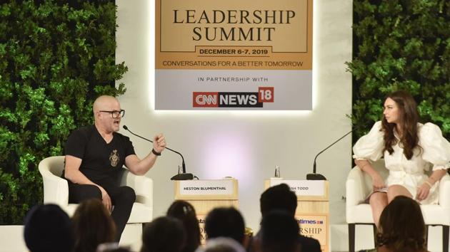 Chef Heston Blumenthal in conversation with Sarah Todd, International Celebrity Chef during the Hindustan Times Leadership Summit at Taj Palace in New Delhi.(Sanjeev Verma/HT PHOTO)