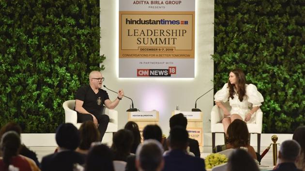 Chef Heston Blumenthal in conversation with international celebrity chef Sarah Todd during HTLS 2019 in New Delhi on Friday. (Sanjeev Verma/HT PHOTO)