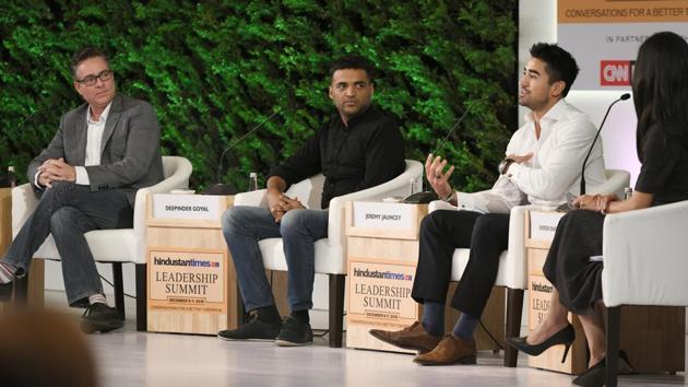 Brad Loiselle, President and CEO, BetterU with Deepinder Goyal, Founder and CEO, Zomato and Jeremy Jauncey, Founder and CEO, Beautiful Destinations in conversation with Shereen Bhan, Managing Editor – CNBC TV18 during the Hindustan Times Leadership Summit at Taj Palace in New Delhi.(Raj K Raj/HT PHOTO)