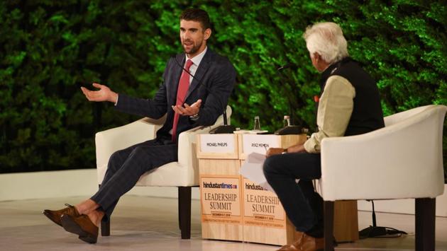 Michael Phelps opened up on taking up competitive swimming with Ayaz Memon. “I didn’t want to get my face wet, when I first got into water. Once I overcome my fear, it got really fun,” said Phelps. “My coach told me I could make the US Olympic team. I dropped all other sports and took up swimming. 4 years later, made the first Olympic team… Six months after my first Olympics, I got my first World Record,” he said. (Ajay aggarwal / HT Photo) 