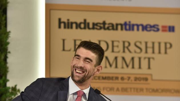 Swimming champion Michael Phelps during HTLS 2019 in New Delhi on Friday. (Sanjeev Verma/HT PHOTO)