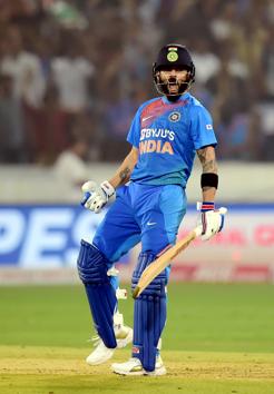 India's Virat Kohli celebrates after win the first T20 match against West Indies at Rajiv Gandhi International Stadium in Hyderabad. (PTI)