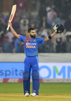 Hyderabad: India's Virat Kohli celebrates after win the first T20 match against West Indies. (PTI)