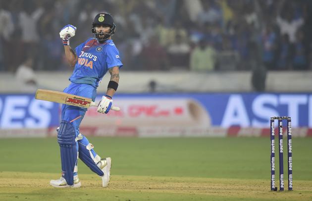 Hyderabad: India's Virat Kohli celebrates after win the first T20 match against West Indies. (PTI)