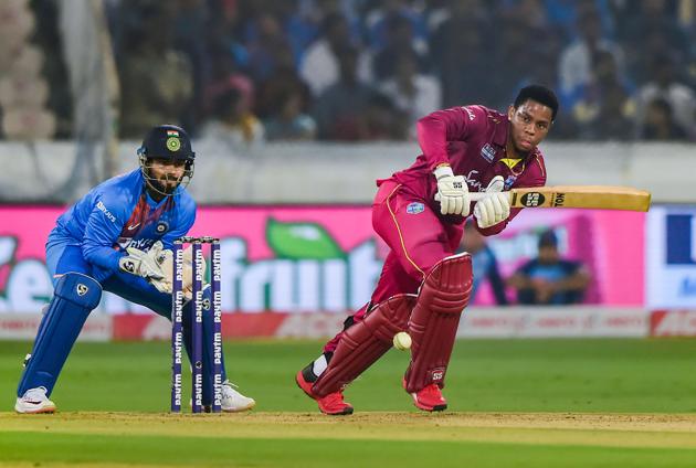 Hyderabad: West Indies batsman Shimron Hetmyer plays a shot during the first T20 cricket match against India. (PTI)