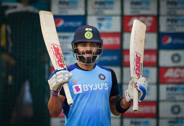 India's Captain Virat Kohli gestures during a practice session.(PTI)