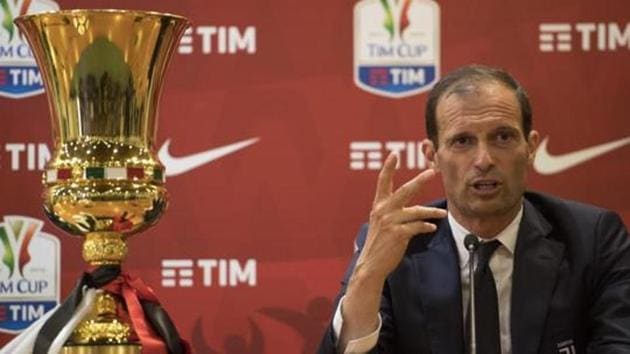 Juventus coach Massimiliano Allegri holds a press conference at the Olimpico stadium in Rome, Italy.(AP)