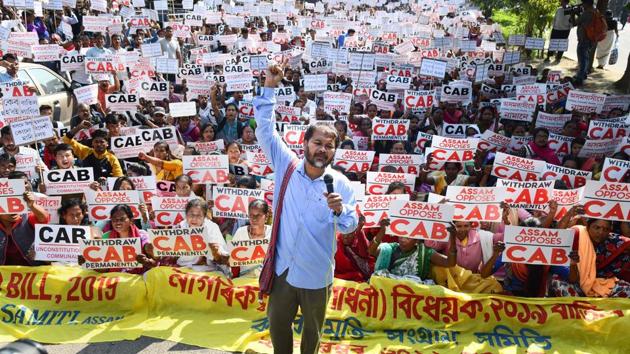 Krishak Mukti Sangram Samiti (KMSS) advisor Akhil Gogoi with supporters raise slogans during a protest against the Citizenship (Amendment) Bill, in Guwahati on November 22, 2019. (PTI) Krishak Mukti Sangram Samiti (KMSS) advisor Akhil Gogoi with supporters raise slogans during a protest against the Citizenship (Amendment) Bill, in Guwahati on November 22, 2019. (PTI)